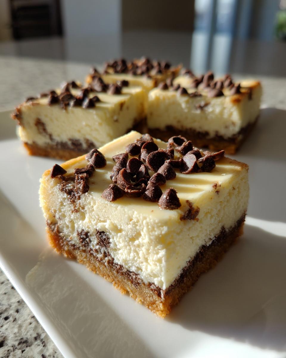 A close-up of a rich chocolate chip cheesecake bar topped with mini chocolate chips, with more bars blurred in the background.