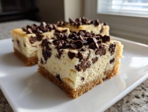Three squares of creamy chocolate chip cheesecake bars with a graham cracker crust, topped generously with chocolate chips.