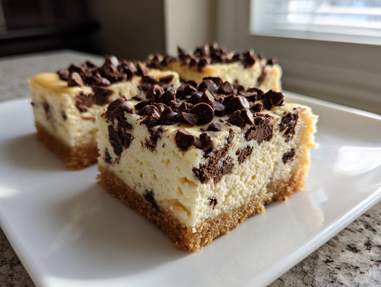 Three squares of creamy chocolate chip cheesecake bars with a graham cracker crust, topped generously with chocolate chips.