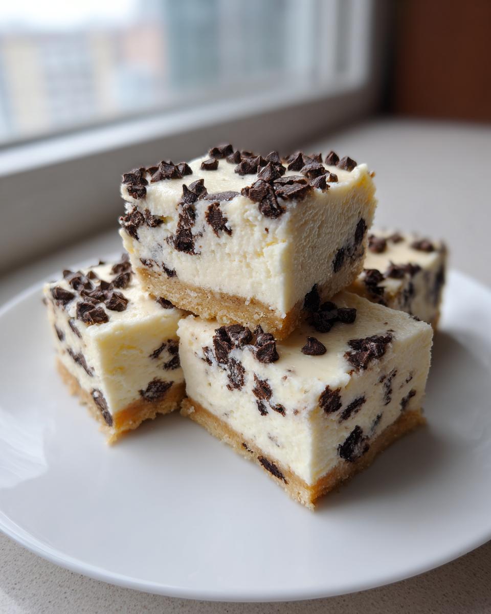 Four rich squares of chocolate chip cheesecake bars stacked on a white plate, featuring a graham cracker crust.