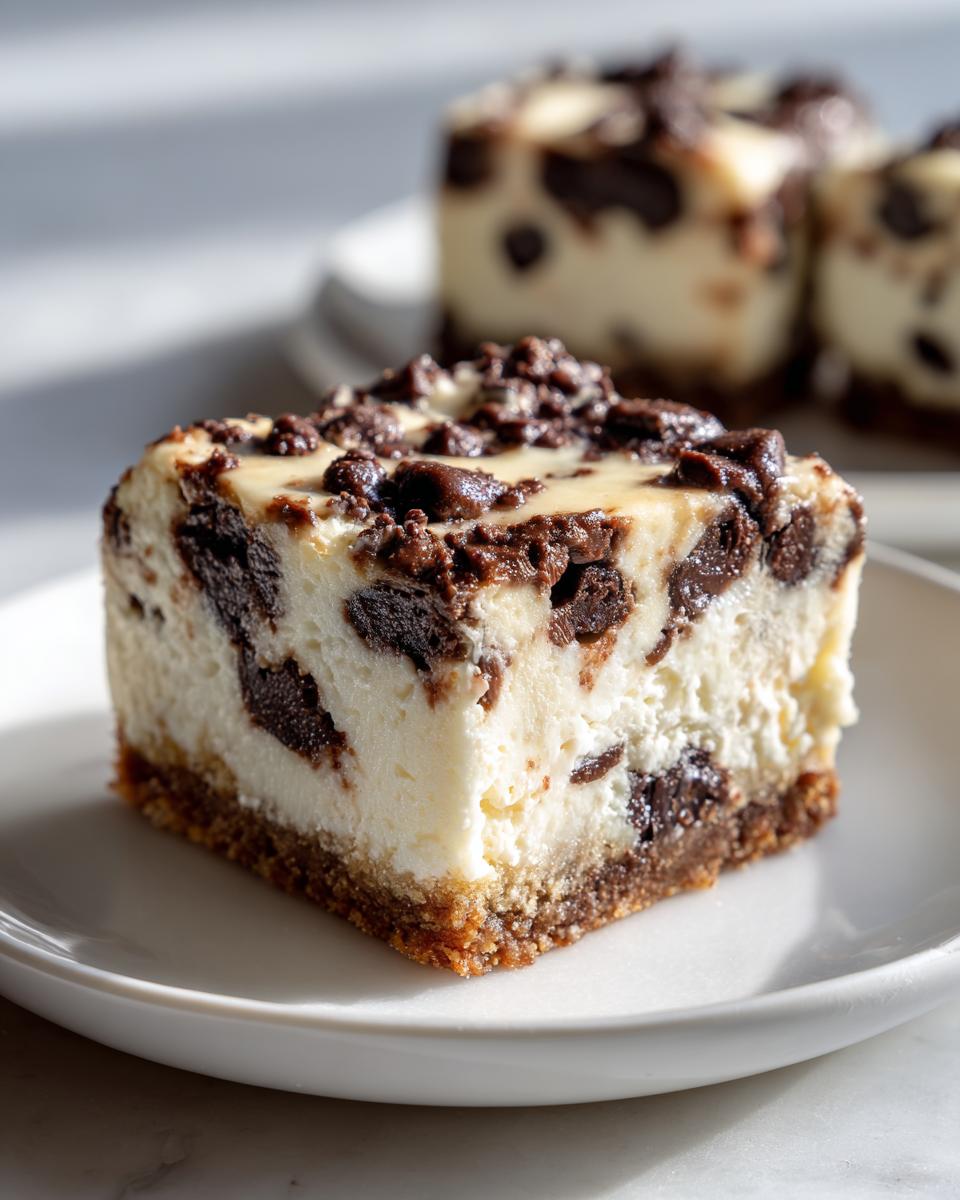 A close-up view of a square slice of creamy chocolate chip cheesecake with a thick graham cracker crust.