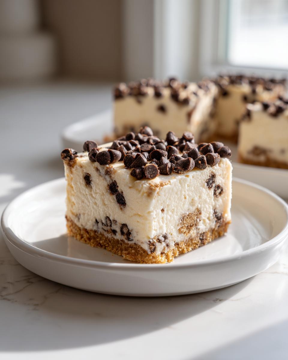 A close-up of a square slice of creamy chocolate chip cheesecake with a graham cracker crust, topped generously with mini chocolate chips.