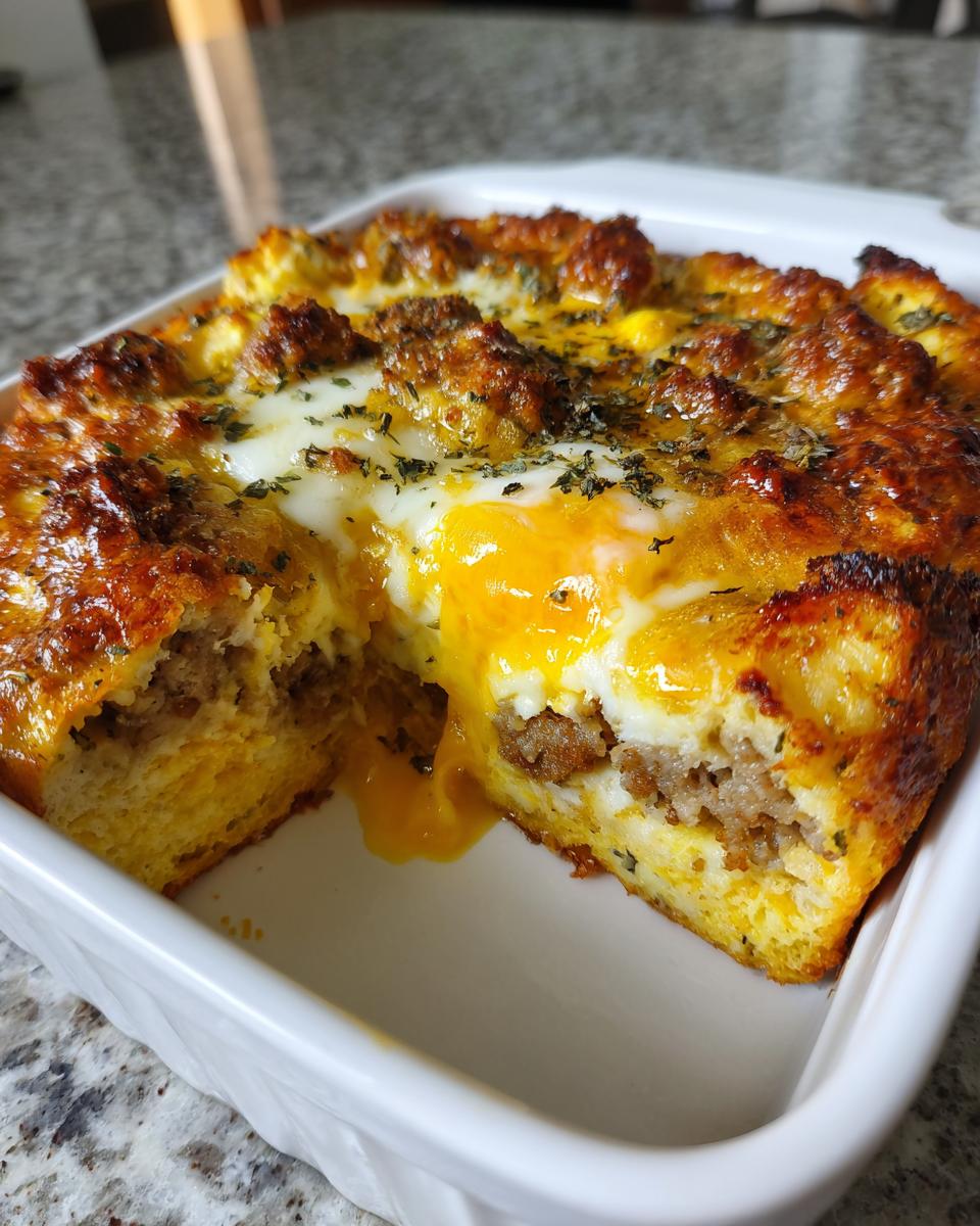 Close-up of a portion removed from a baked christmas breakfast casserole showing gooey egg yolk and sausage filling.