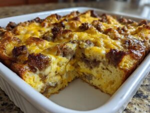 A close-up of a freshly baked Christmas breakfast casserole in a white dish, showing a golden-brown, cheesy top with visible sausage pieces.