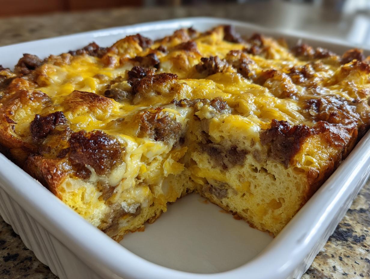 A close-up of a freshly baked Christmas breakfast casserole in a white dish, showing a golden-brown, cheesy top with visible sausage pieces.