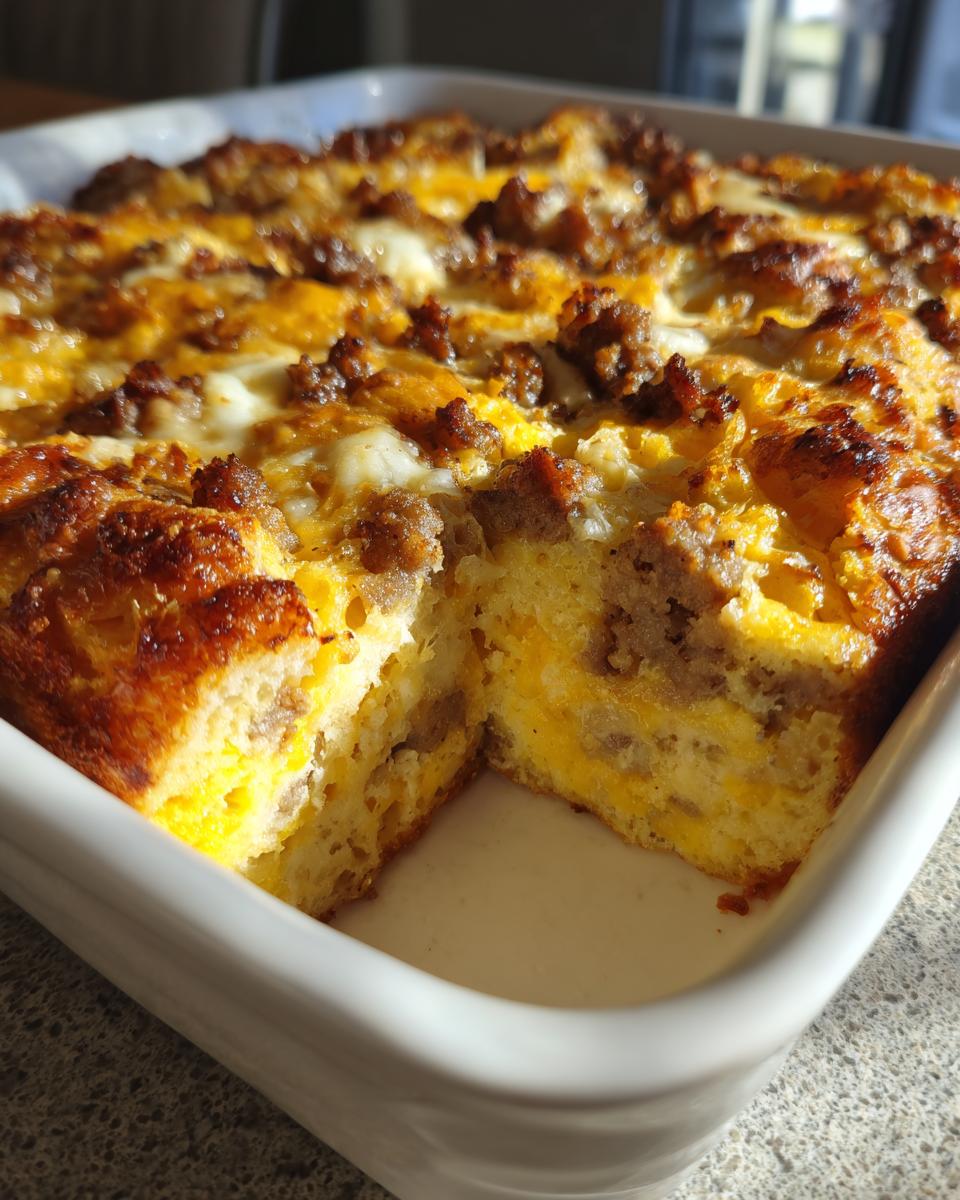 A square portion removed from a baked christmas breakfast casserole showing layers of egg, bread, cheese, and sausage.