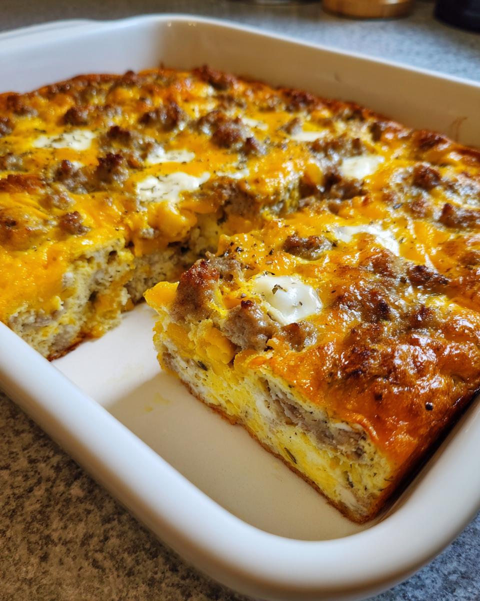 A slice of baked christmas breakfast casserole with sausage and melted cheddar cheese being lifted from the dish.