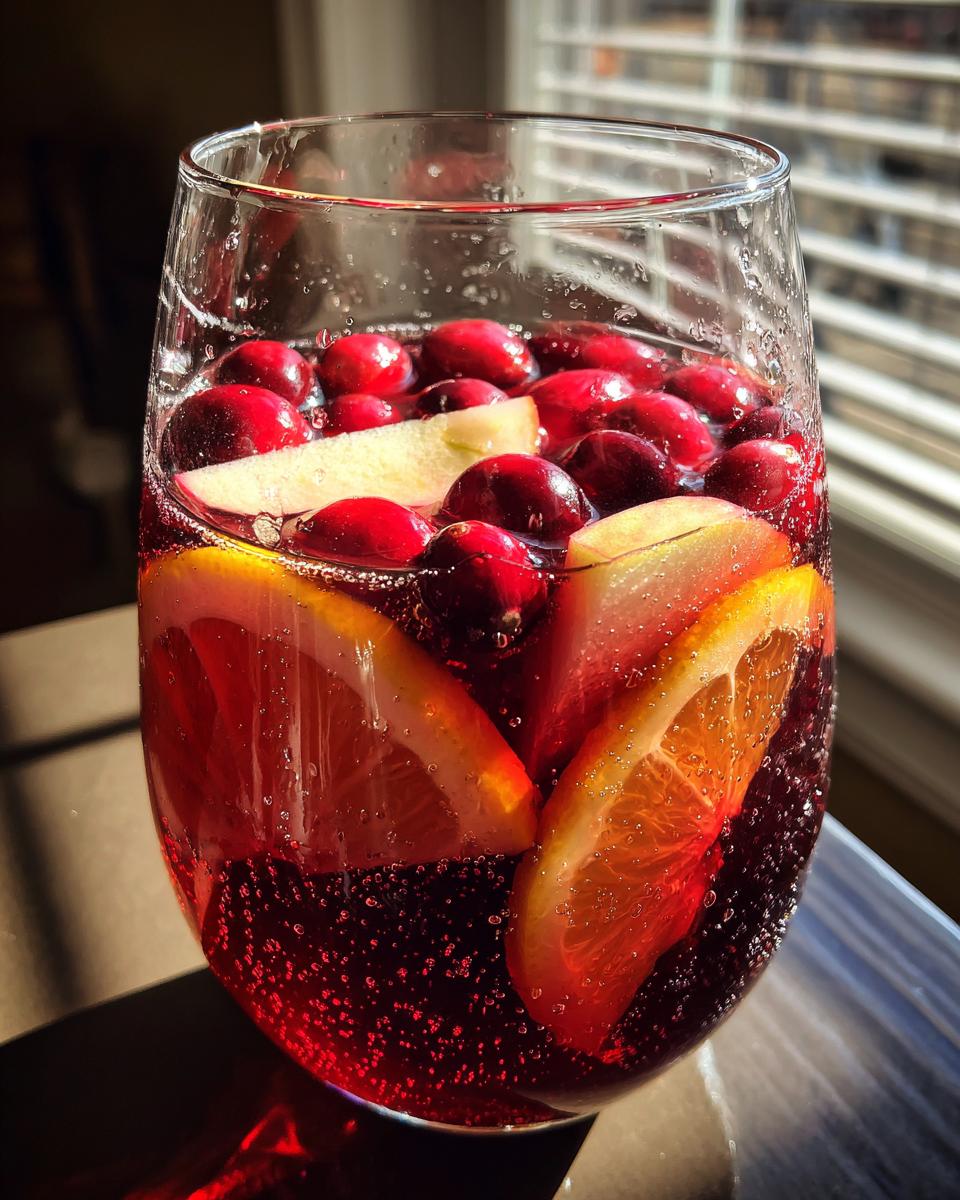 Close-up of a glass filled with bubbling red Christmas sangria, garnished with fresh cranberries, orange slices, and apple chunks.