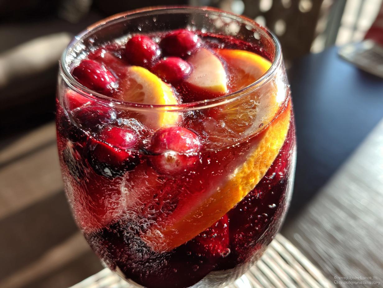 Close-up of a glass filled with vibrant red Christmas sangria, garnished with cranberries and orange slices.