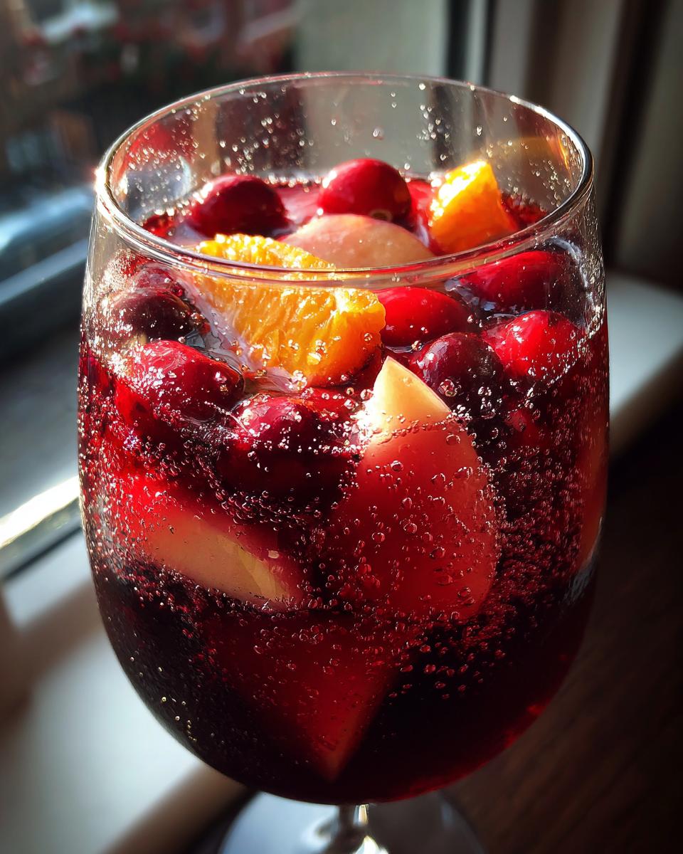 Close-up of a glass filled with bubbly, deep red Christmas sangria, loaded with cranberries, orange slices, and apple pieces.