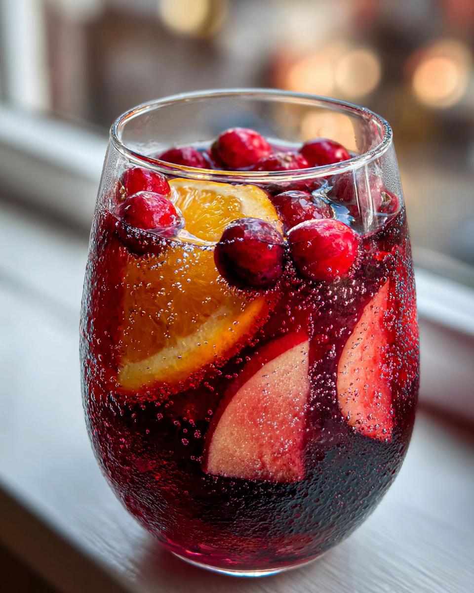 Close-up of a glass filled with sparkling Christmas sangria, garnished with fresh cranberries, orange slices, and apple pieces.