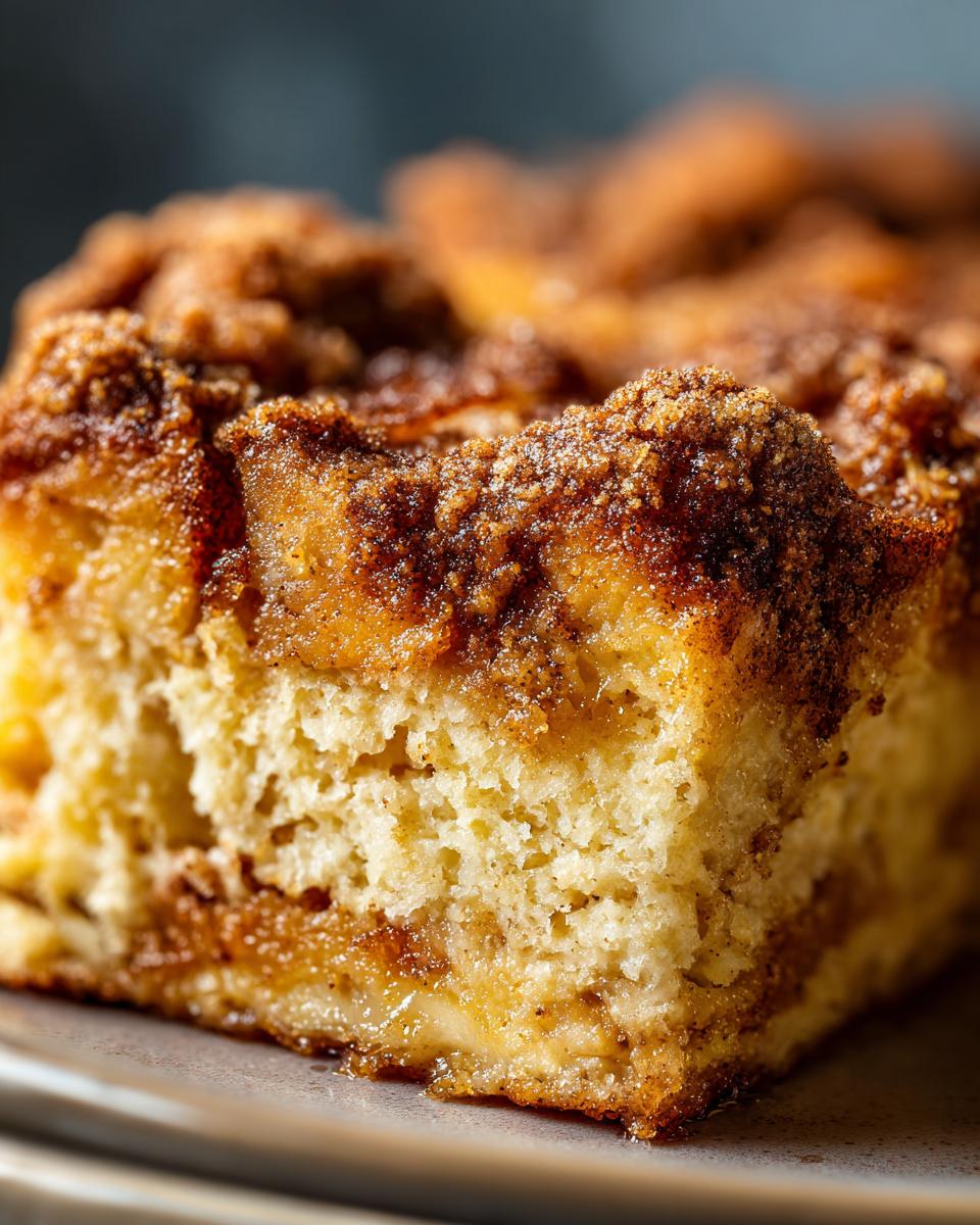 A close-up macro shot of a moist slice of overnight french toast casserole with a thick, sugary cinnamon crumble topping.