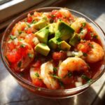 Close-up of a glass bowl filled with vibrant mexican shrimp cocktail, featuring plump shrimp, diced tomatoes, onions, and topped with chunks of fresh avocado.