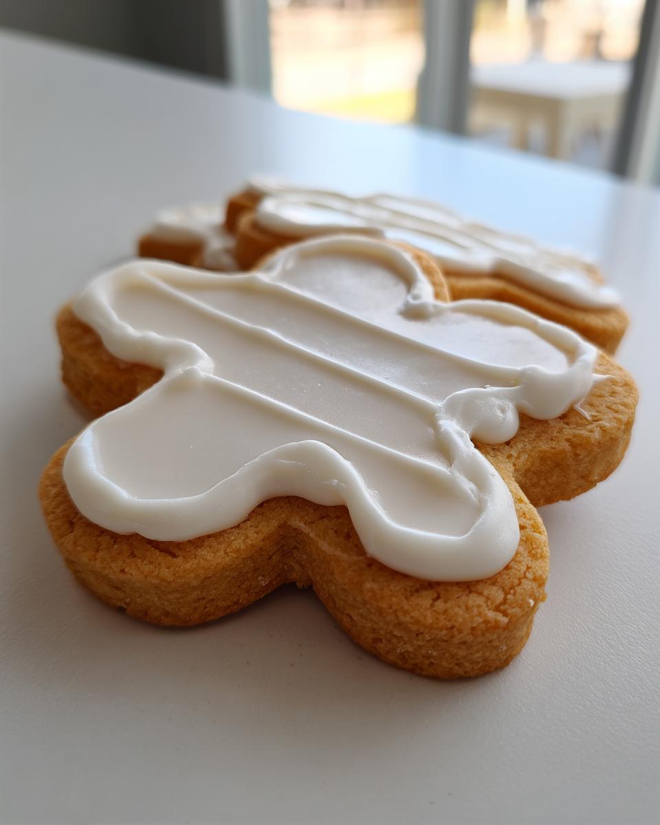 Close-up of a light brown, shaped cookie topped with thick, smooth white cookie icing.