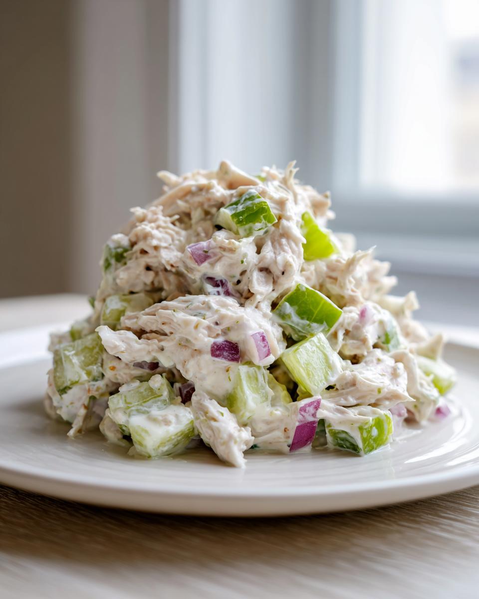A mound of creamy cottage cheese chicken salad mixed with celery and red onion, served on a white plate.