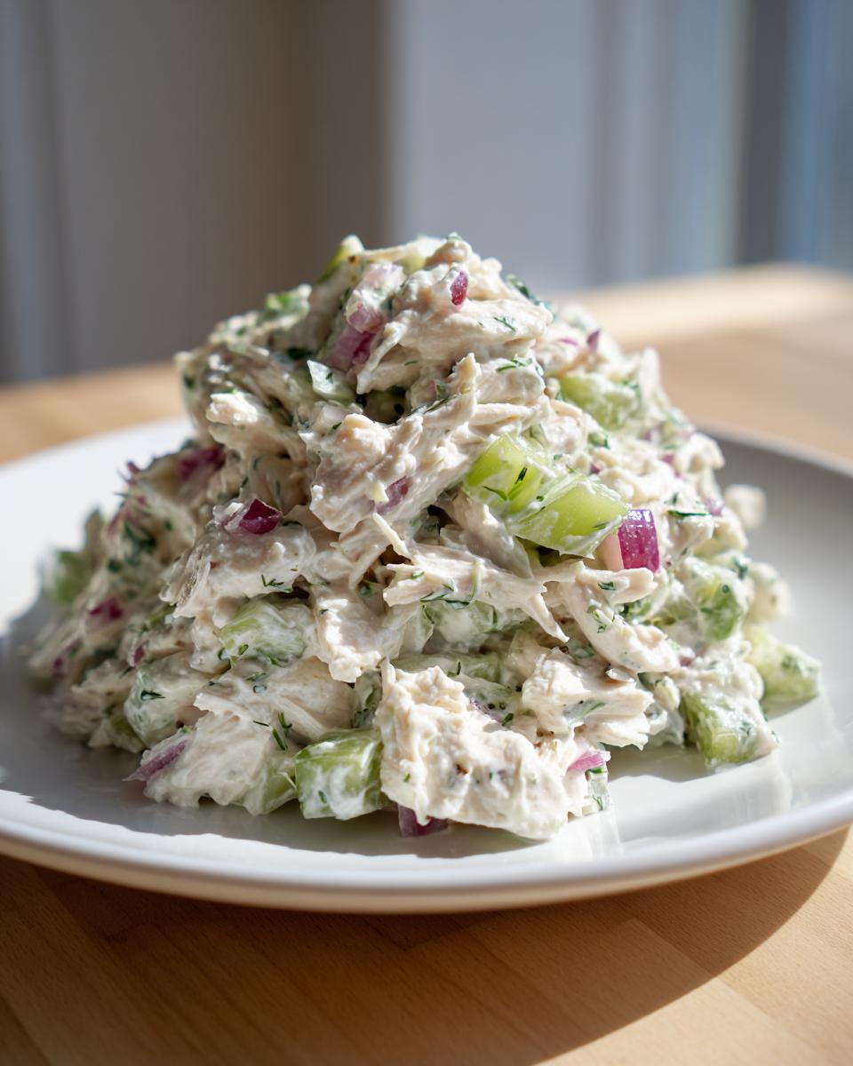 A generous scoop of creamy cottage cheese chicken salad mixed with celery and red onion on a white plate.