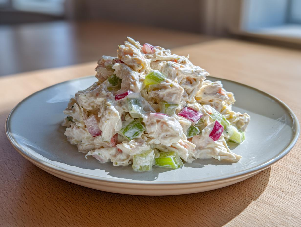 A scoop of creamy cottage cheese chicken salad mixed with celery and red onion served on a light gray plate.