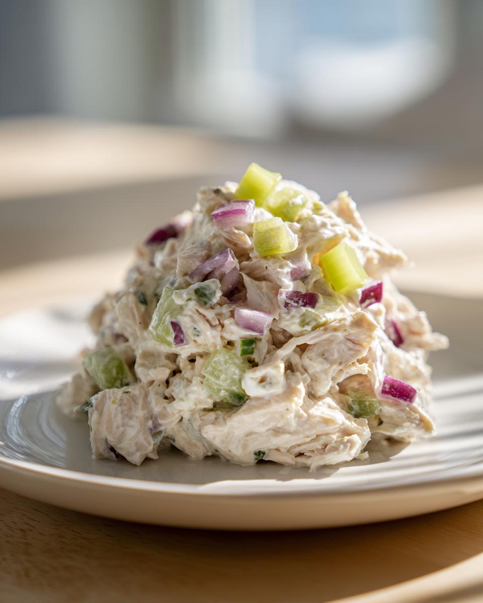 A mound of creamy cottage cheese chicken salad topped with diced red onion and celery on a white plate.