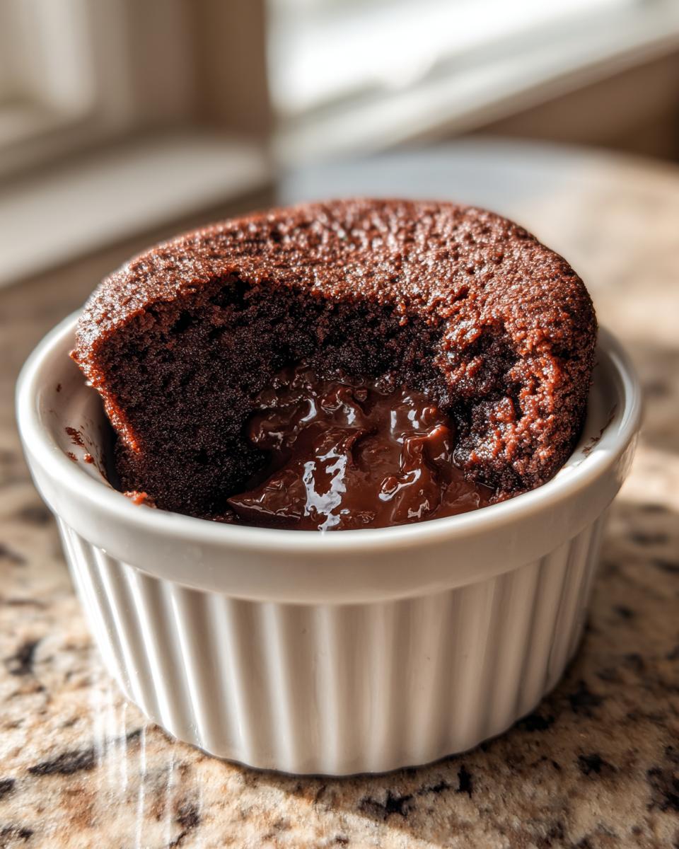 Close-up of a warm Cottage Cheese Microwave Brownie with a molten chocolate center in a white ramekin.