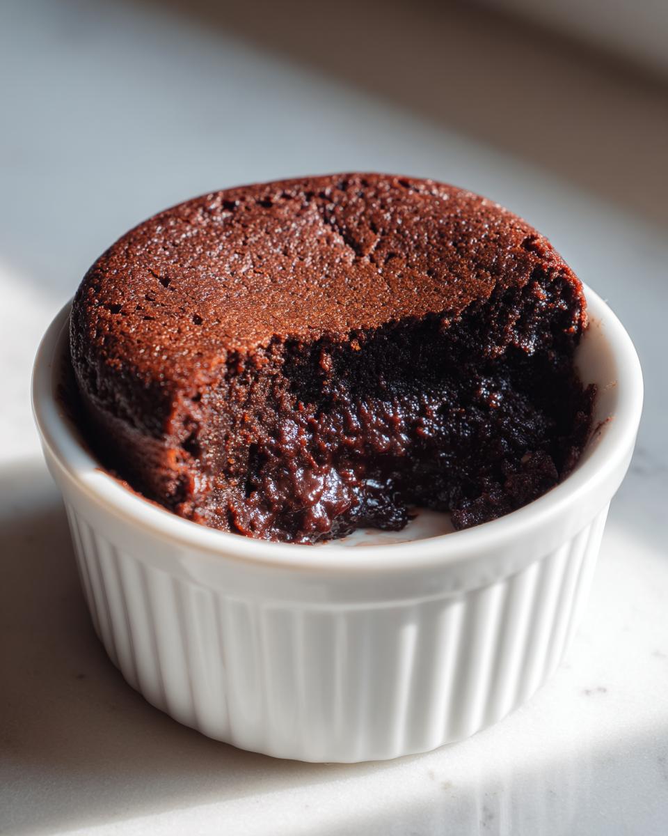 Close-up of a rich, dark Cottage Cheese Microwave Brownie with a molten center, served in a white fluted ramekin.