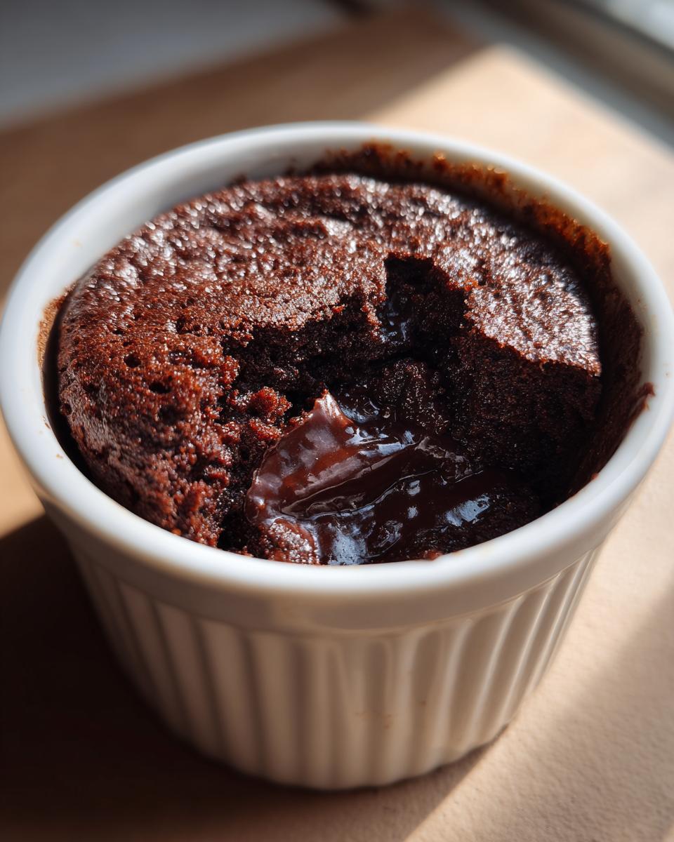 Close-up of a rich, dark chocolate Cottage Cheese Microwave Brownie in a white ramekin, showing a gooey, molten center.