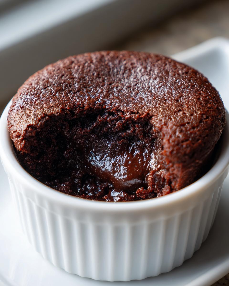 Close-up of a warm Cottage Cheese Microwave Brownie with a molten chocolate center in a white ramekin.