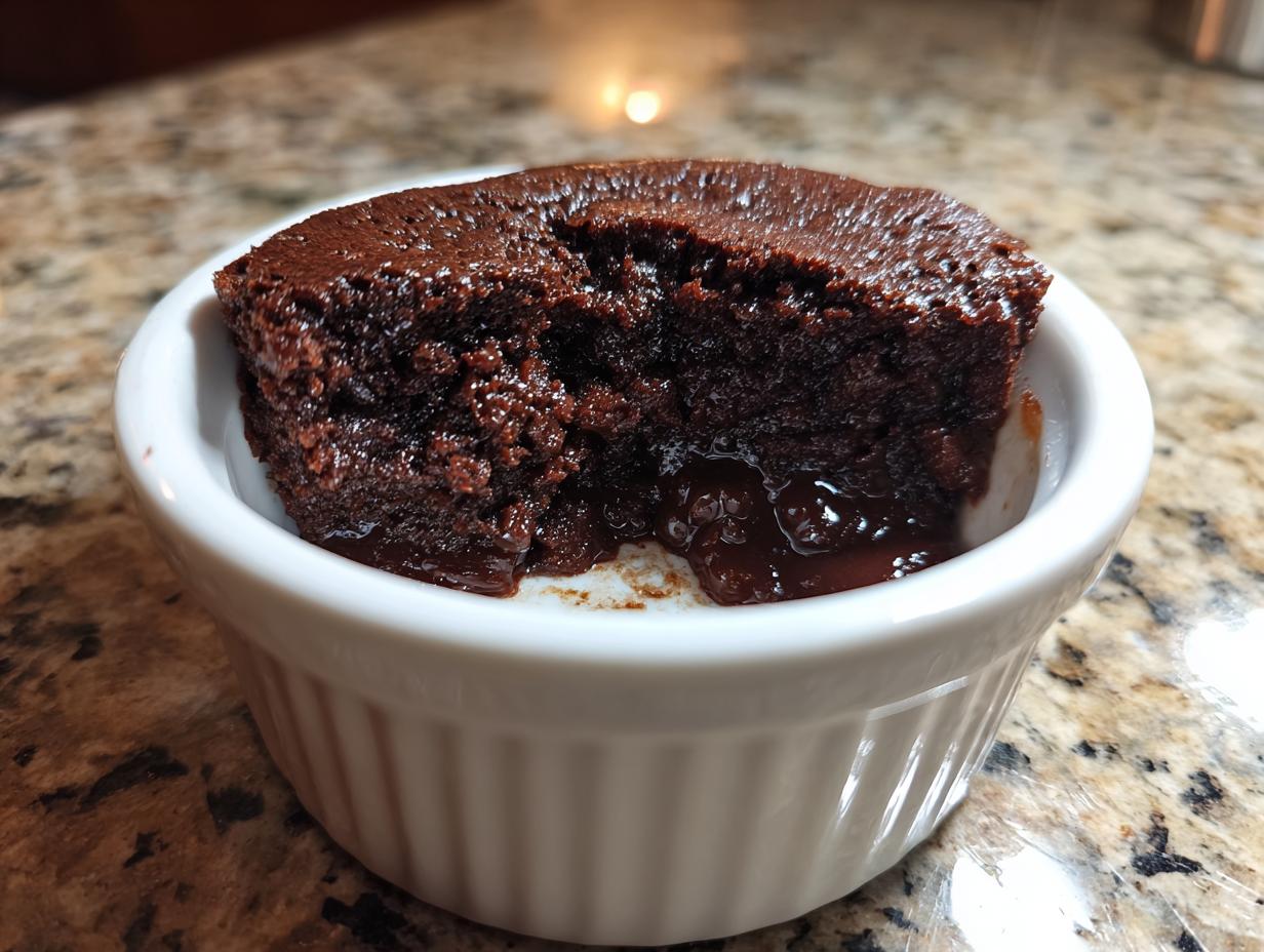 Close-up of a rich, dark chocolate Cottage Cheese Microwave Brownie served warm in a white fluted ramekin.