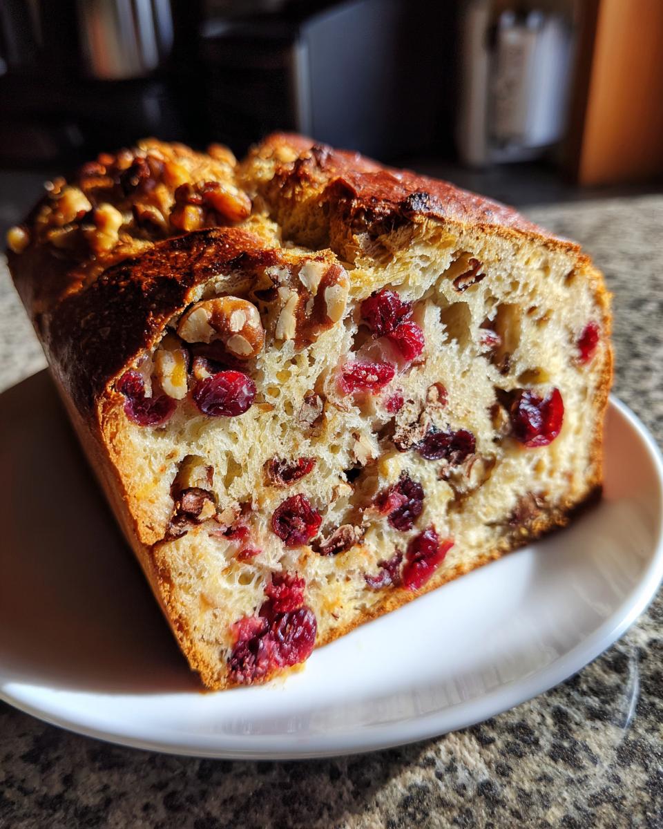 Close-up of a freshly baked cranberry walnut bread loaf, showing the moist interior packed with cranberries and walnuts.