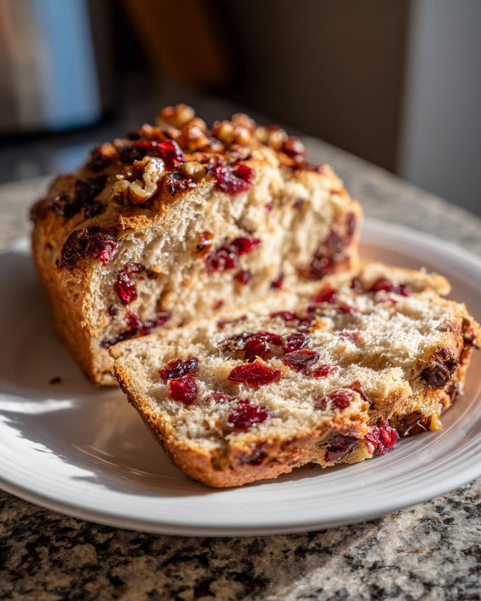 Close-up of sliced cranberry walnut bread on a white plate, showing dried cranberries and walnuts throughout the crumb.