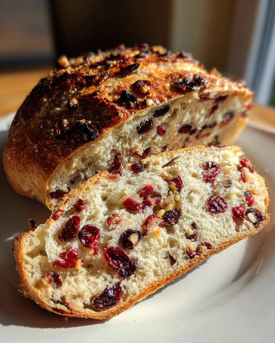 A loaf of freshly baked cranberry walnut bread, sliced to show the interior packed with cranberries and nuts.