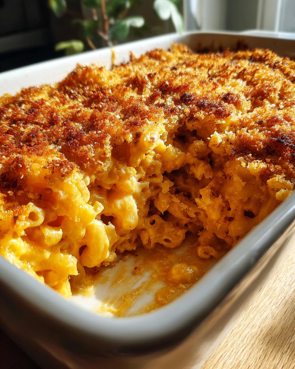 A close-up view of creamy baked mac and cheese in a white dish, showing a scoop removed and a golden brown, crispy topping.