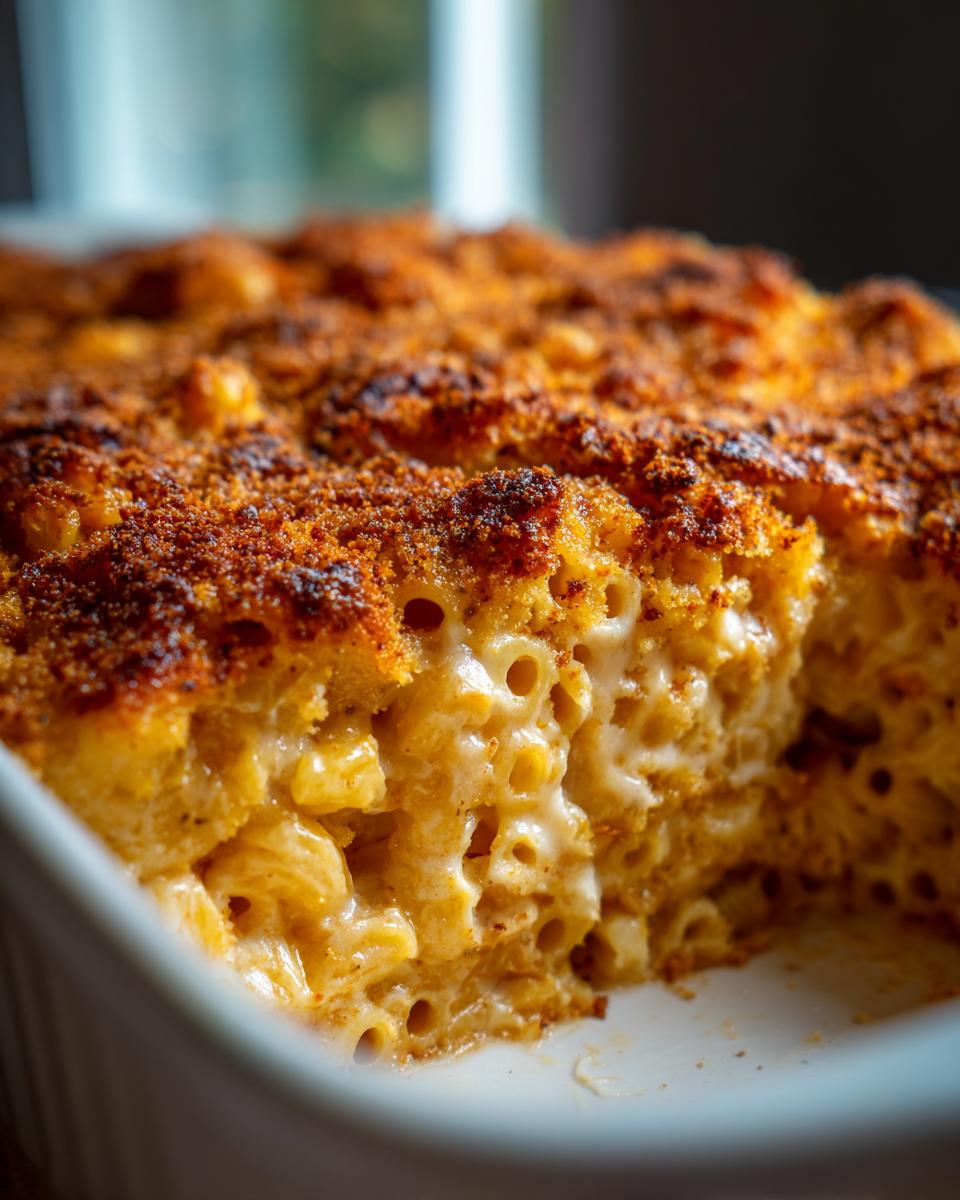 A close-up view of creamy, cheesy baked mac and cheese with a perfectly golden-brown, crispy topping.