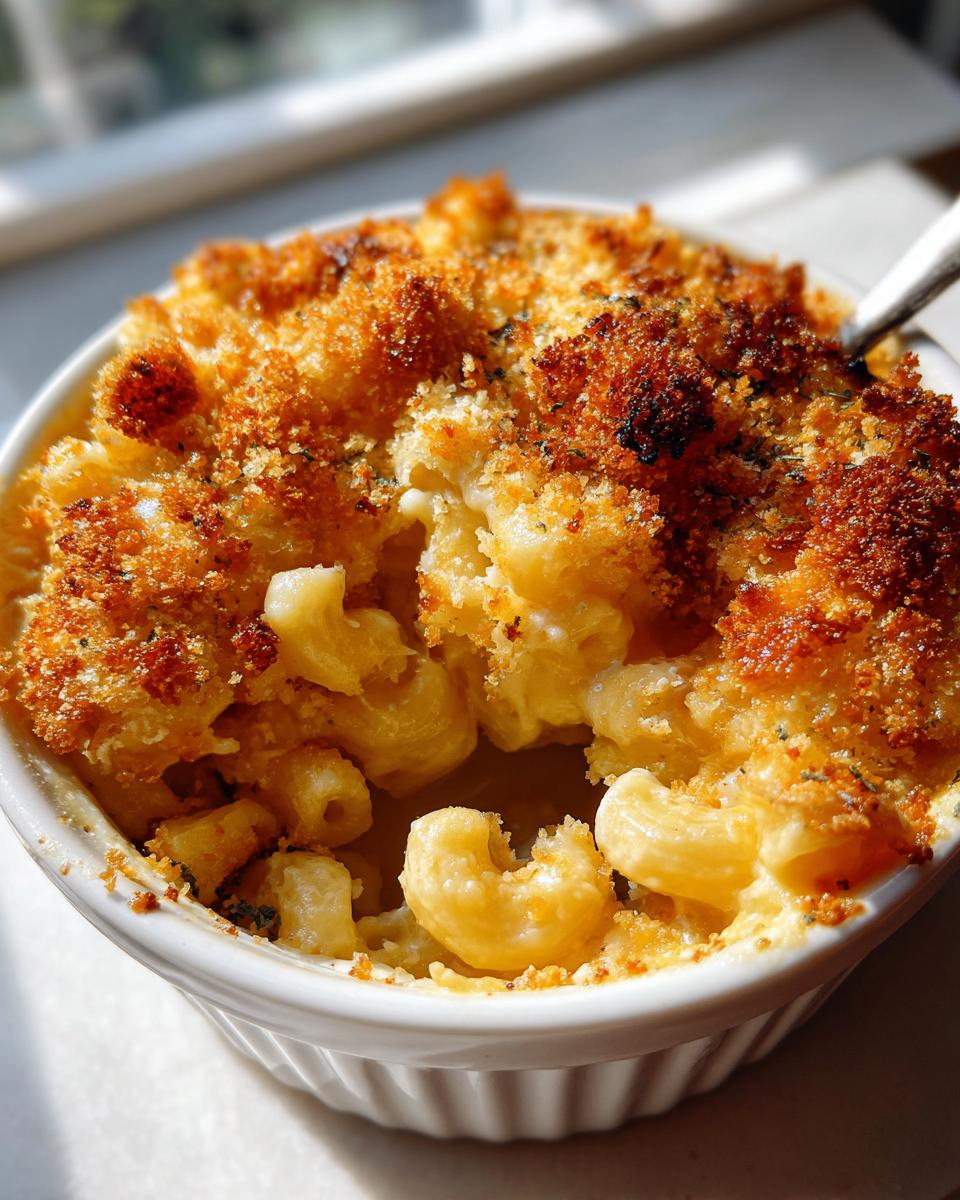 Close-up of creamy baked mac and cheese with a golden, crispy breadcrumb topping in a white ramekin.