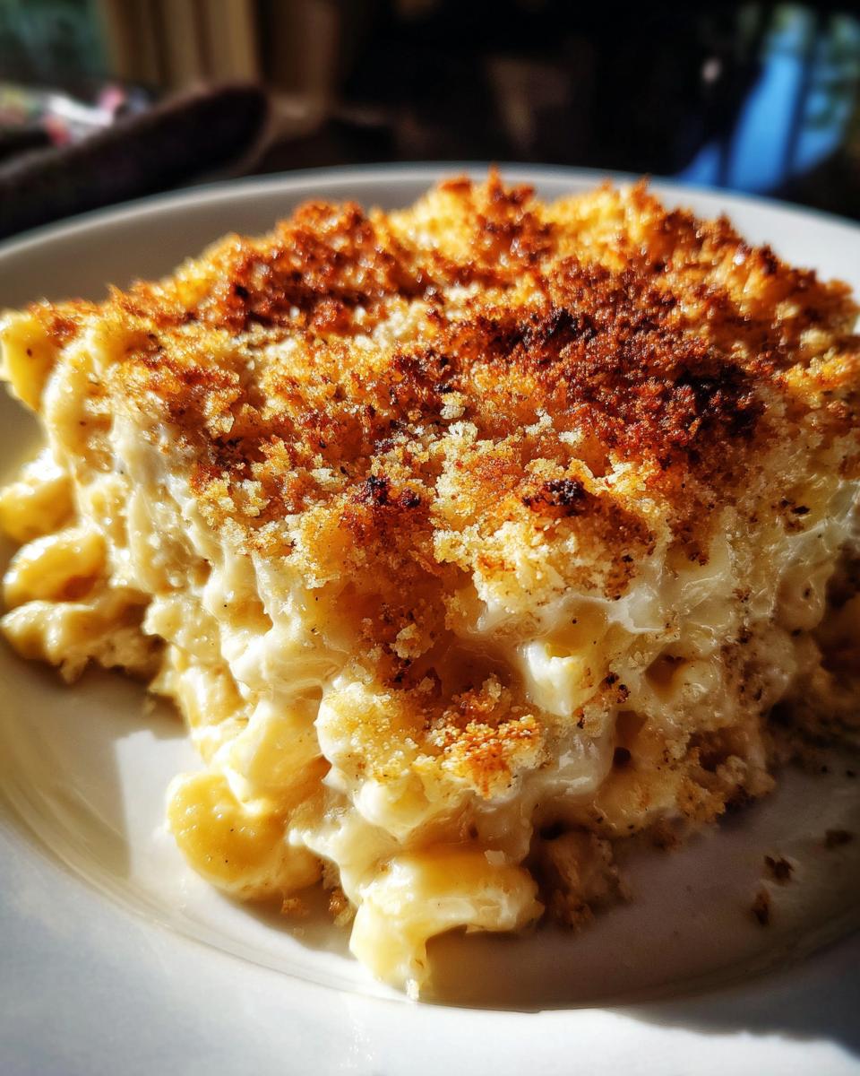 Close-up of a creamy slice of baked mac and cheese featuring a golden brown, crunchy breadcrumb topping.