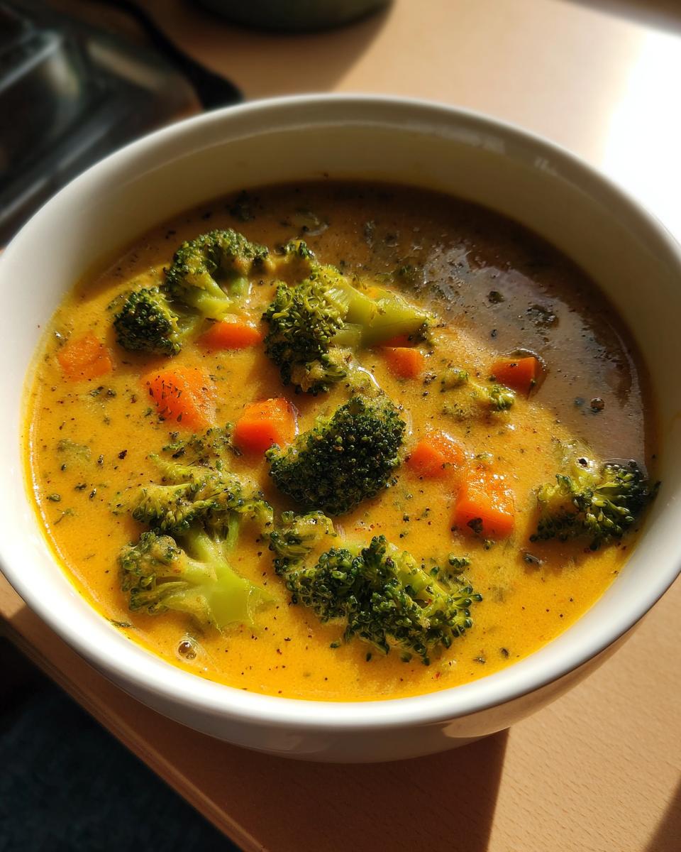 A close-up view of a white bowl filled with creamy, orange broccoli cheddar soup featuring visible florets of broccoli and diced carrots.