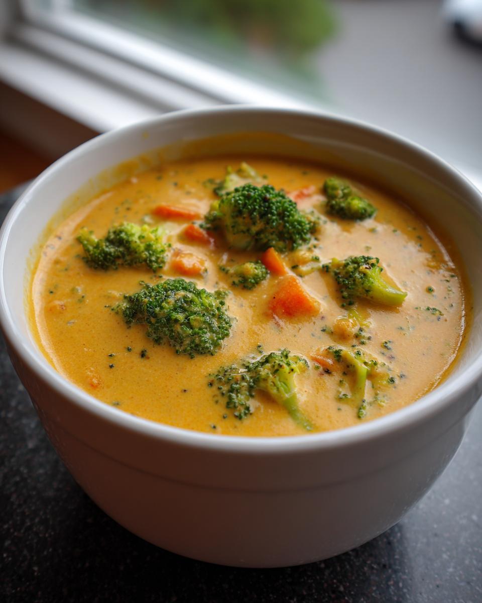Close-up of a white bowl filled with creamy, orange-hued broccoli cheddar soup, featuring visible florets of broccoli and diced carrots.