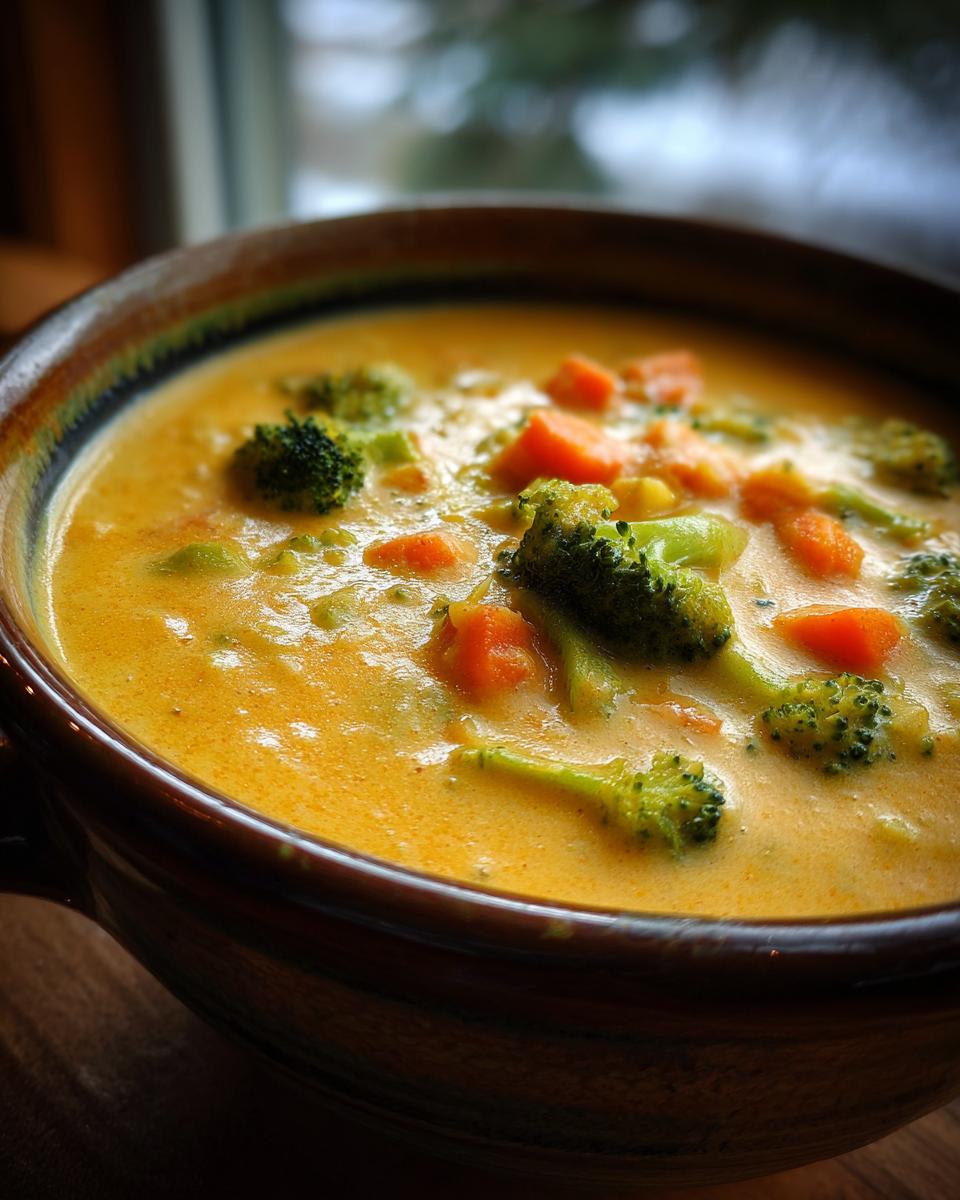 A close-up shot of rich, creamy broccoli cheddar soup featuring bright green broccoli florets and diced orange carrots in a rustic brown bowl.