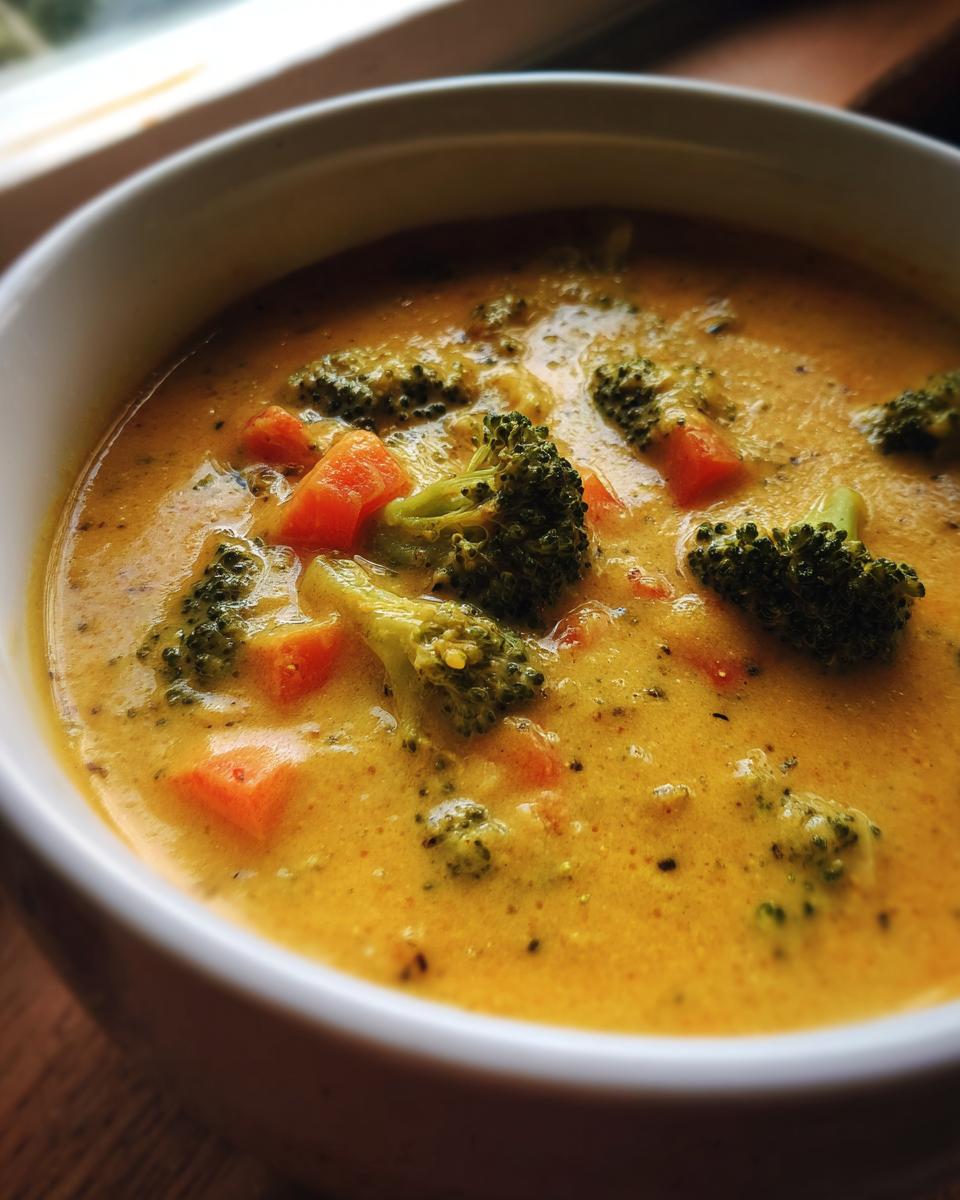 A close-up shot of rich, creamy broccoli cheddar soup featuring bright green florets and orange carrot pieces in a white bowl.