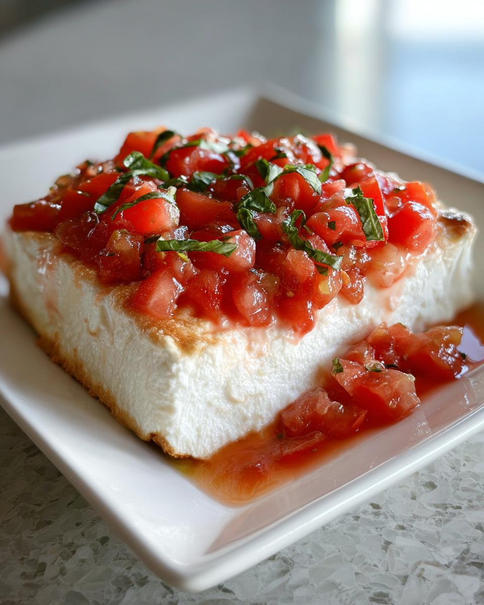 A square serving of creamy bruschetta dip topped generously with fresh diced tomatoes and basil.