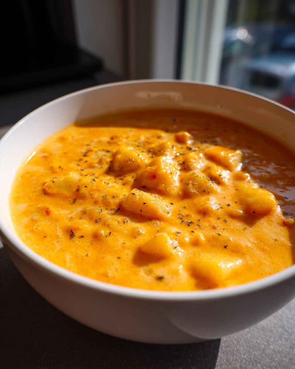 Close-up of a white bowl filled with thick, orange cheese soup containing chunks of ingredients and topped with black pepper.