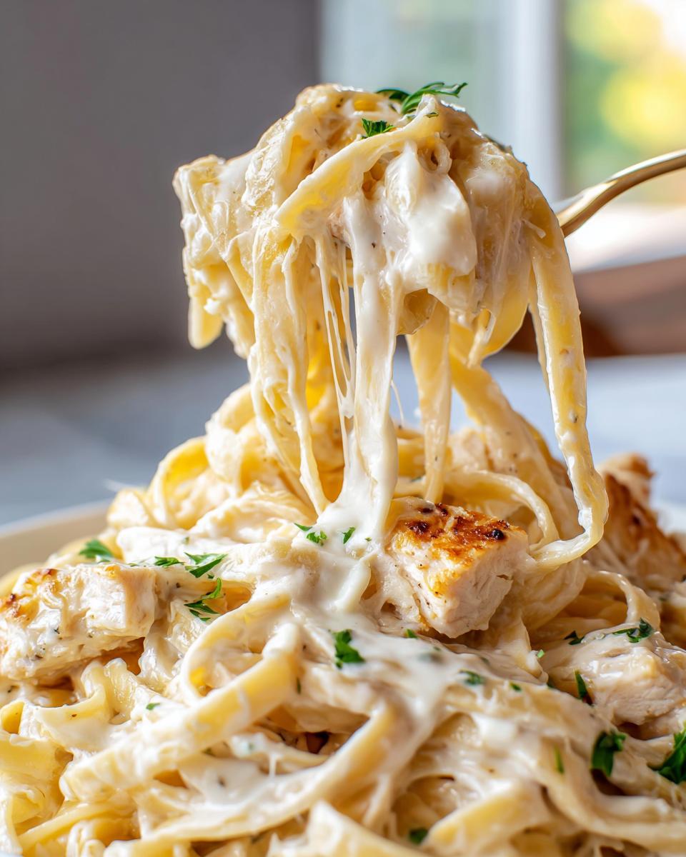A fork lifts fettuccine noodles coated in creamy sauce, showing a dramatic cheese pull from a serving of chicken alfredo.