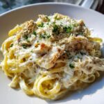 A close-up of creamy chicken alfredo pasta topped generously with grated Parmesan cheese and fresh parsley.