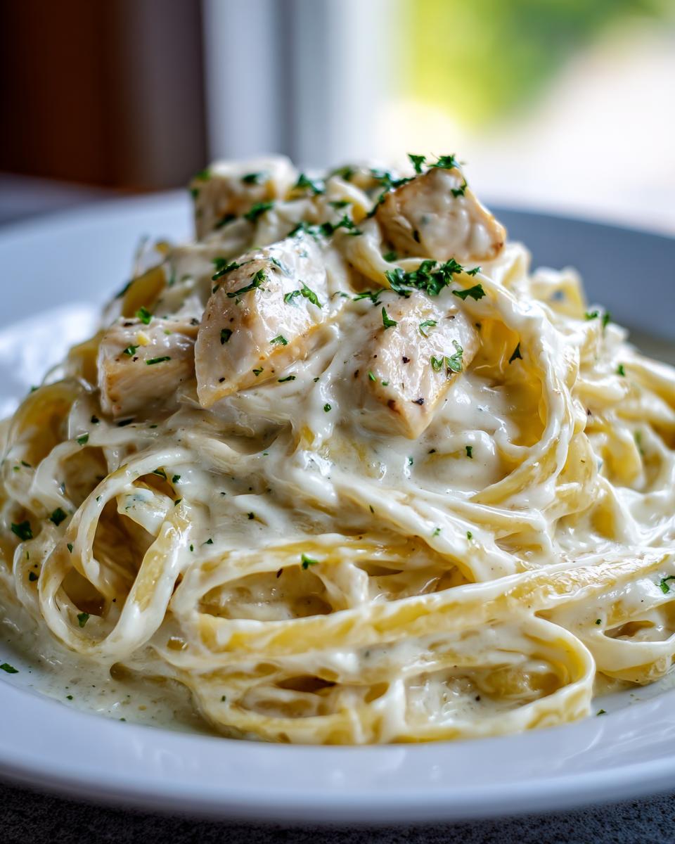 Close-up of creamy chicken alfredo pasta featuring fettuccine noodles coated in rich white sauce and topped with diced chicken and parsley.