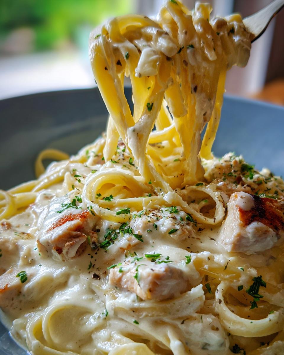 Close-up of fettuccine noodles being lifted from a bowl of creamy chicken alfredo, topped with chunks of chicken and parsley.