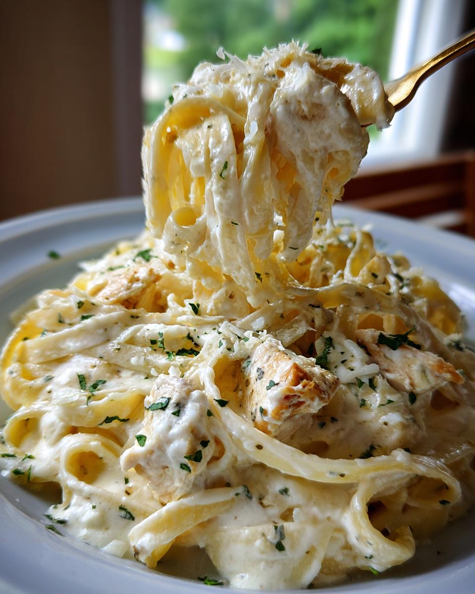 A fork lifting a large twirl of fettuccine coated in creamy sauce and chunks of chicken from a plate of chicken alfredo.
