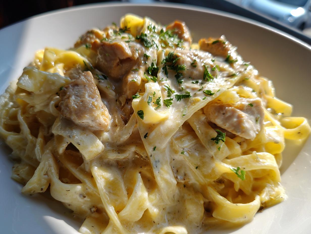 Close-up of a bowl of creamy chicken alfredo pasta, featuring fettuccine noodles and chunks of seasoned chicken, garnished with parsley.