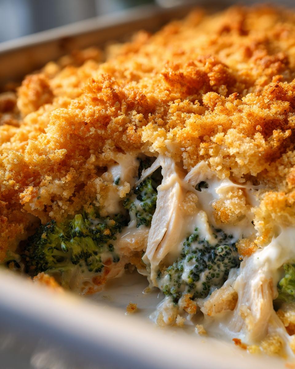 A close-up view showing a scoop taken out of a baked Chicken Divan, revealing creamy sauce, shredded chicken, broccoli florets, and a golden, crunchy topping.