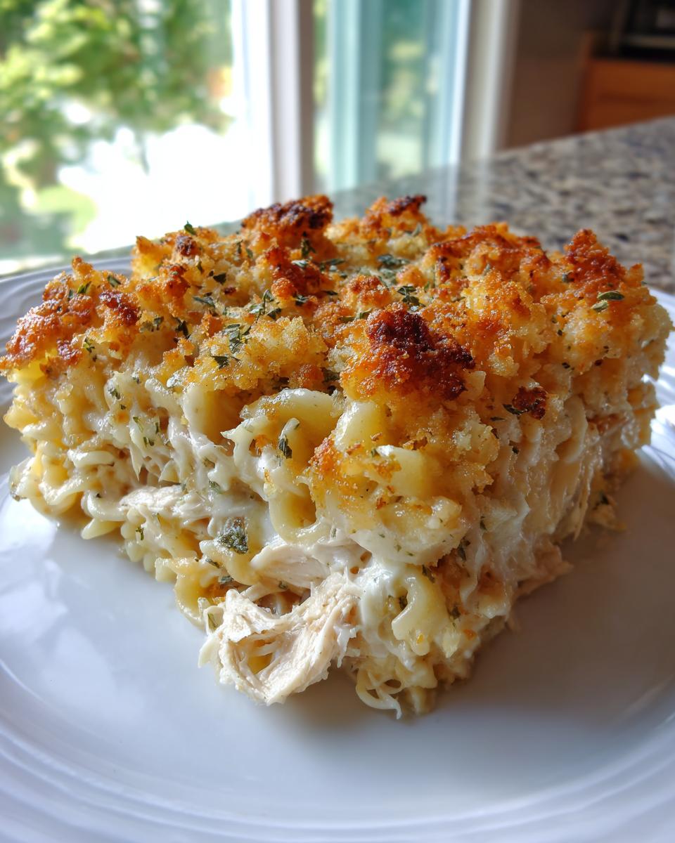 A square serving of creamy chicken noodle casserole with a golden, crispy breadcrumb topping.