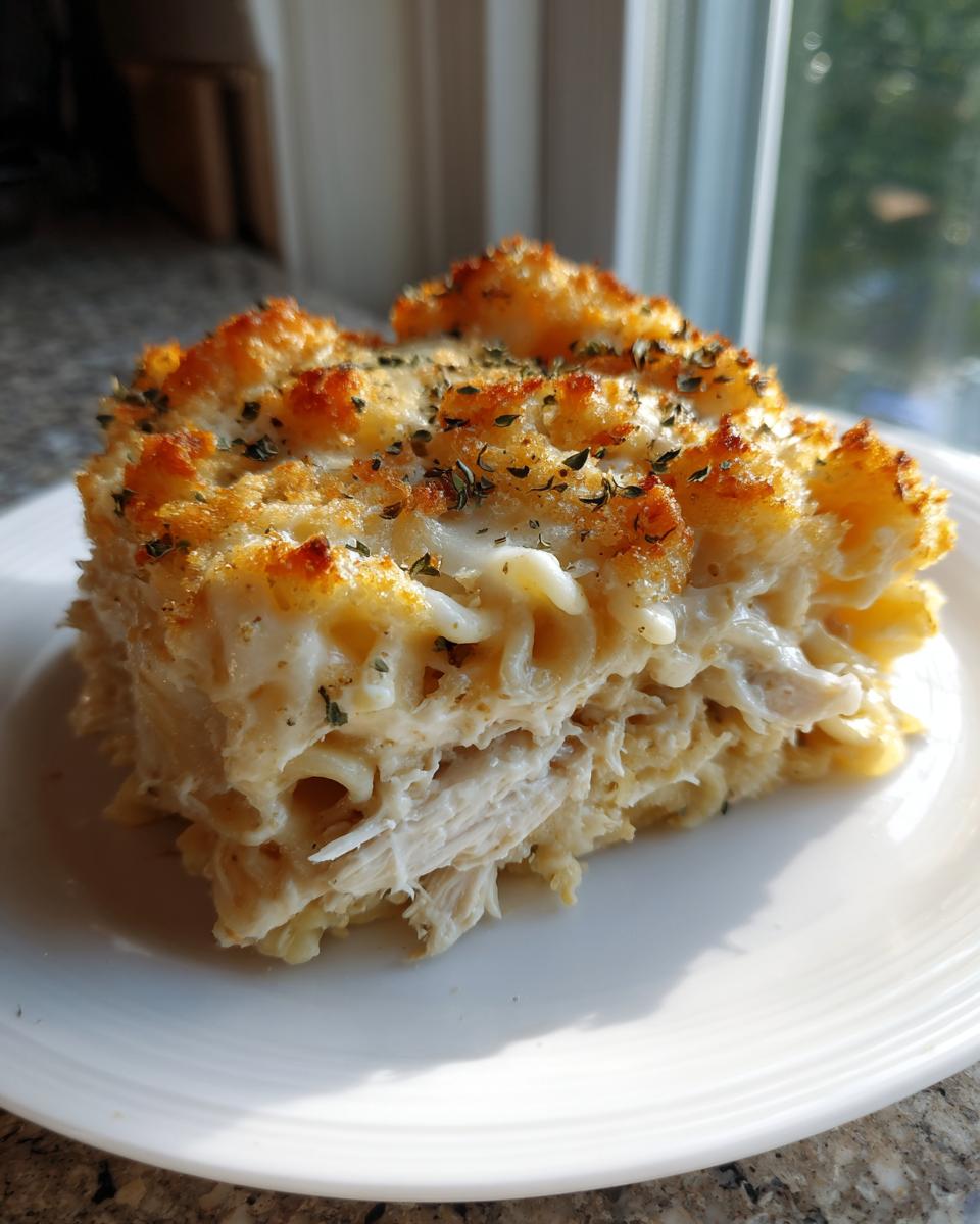 A thick, square slice of creamy chicken noodle casserole with a golden, crunchy topping.