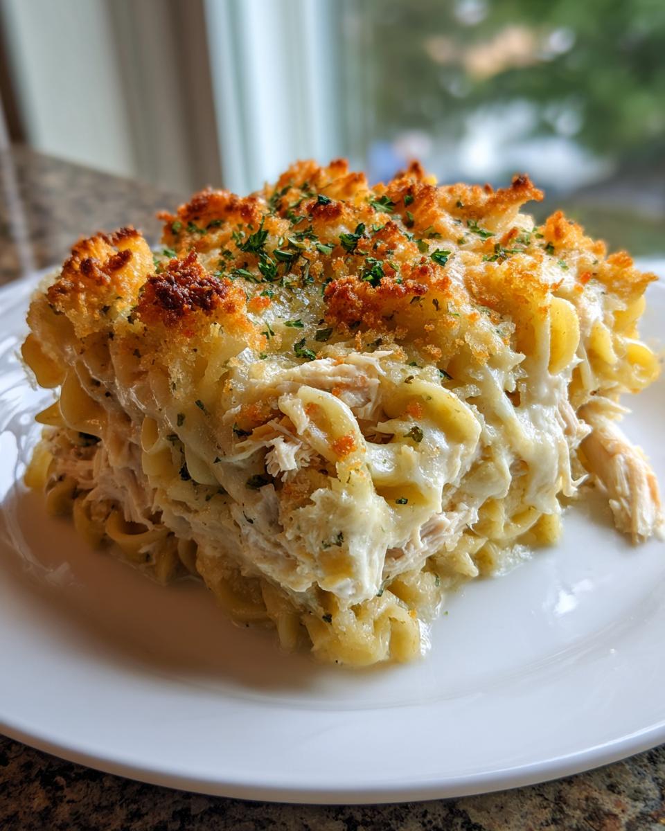A generous square serving of creamy chicken noodle casserole topped with golden brown breadcrumbs and parsley.